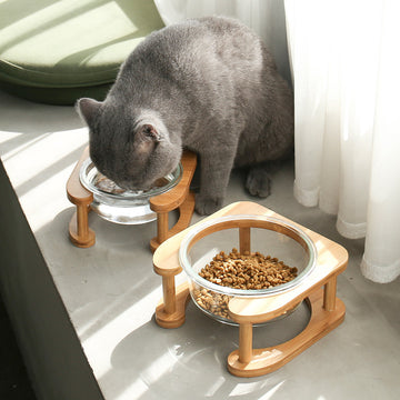 Elevated Glass Cat Bowls with Bamboo Stand – Modern Raised Feeder Set for Food & Water