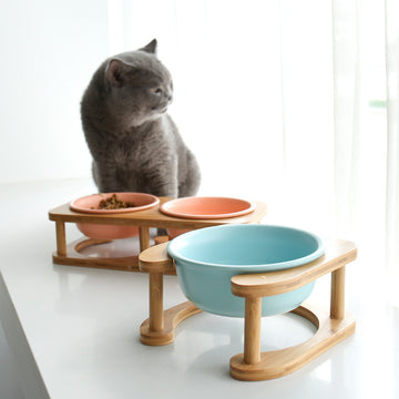 Raised Ceramic Cat Bowl Set with Bamboo Stand – Double & Single Elevated Feeders for Cats & Small Pets