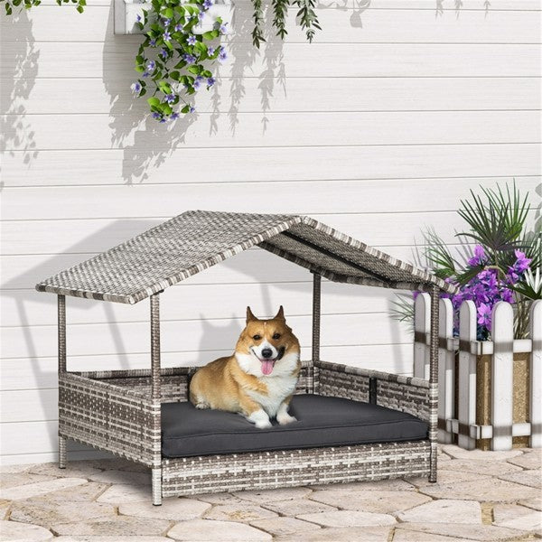 Outdoor Rattan Dog Bed with Roof – All-Weather Wicker Pet Lounger with Cushion