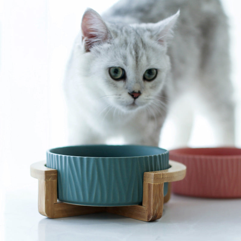 Modern Elevated Ceramic Cat Bowl with Bamboo Stand – Non-Slip Stylish Feeder for Cats & Small Pets