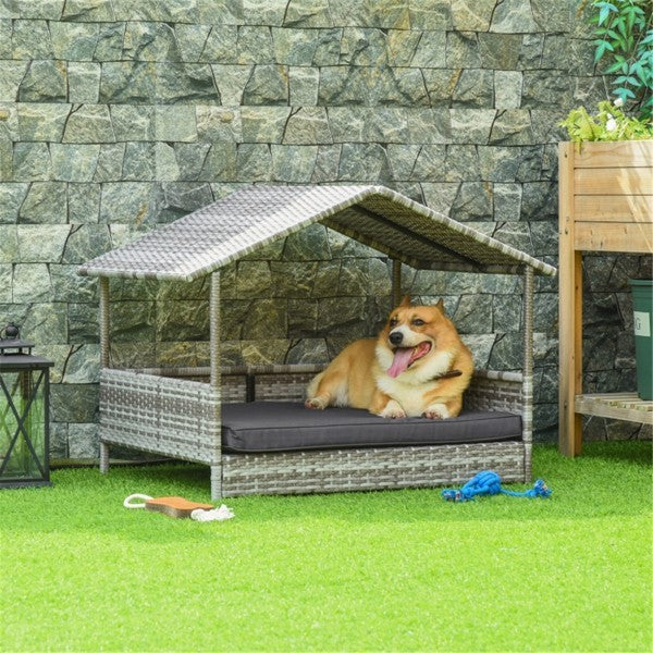 Outdoor Rattan Dog Bed with Roof – All-Weather Wicker Pet Lounger with Cushion