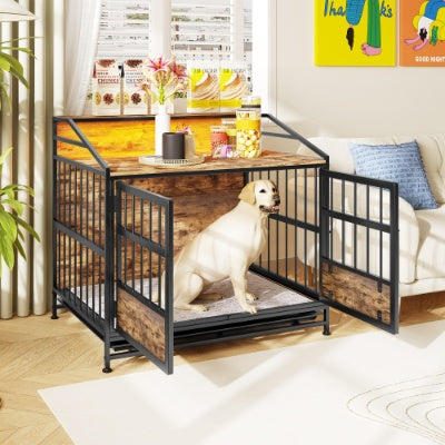 Industrial-Style Dog Crate Furniture – Double Door Indoor Kennel with Rustic Wood Top