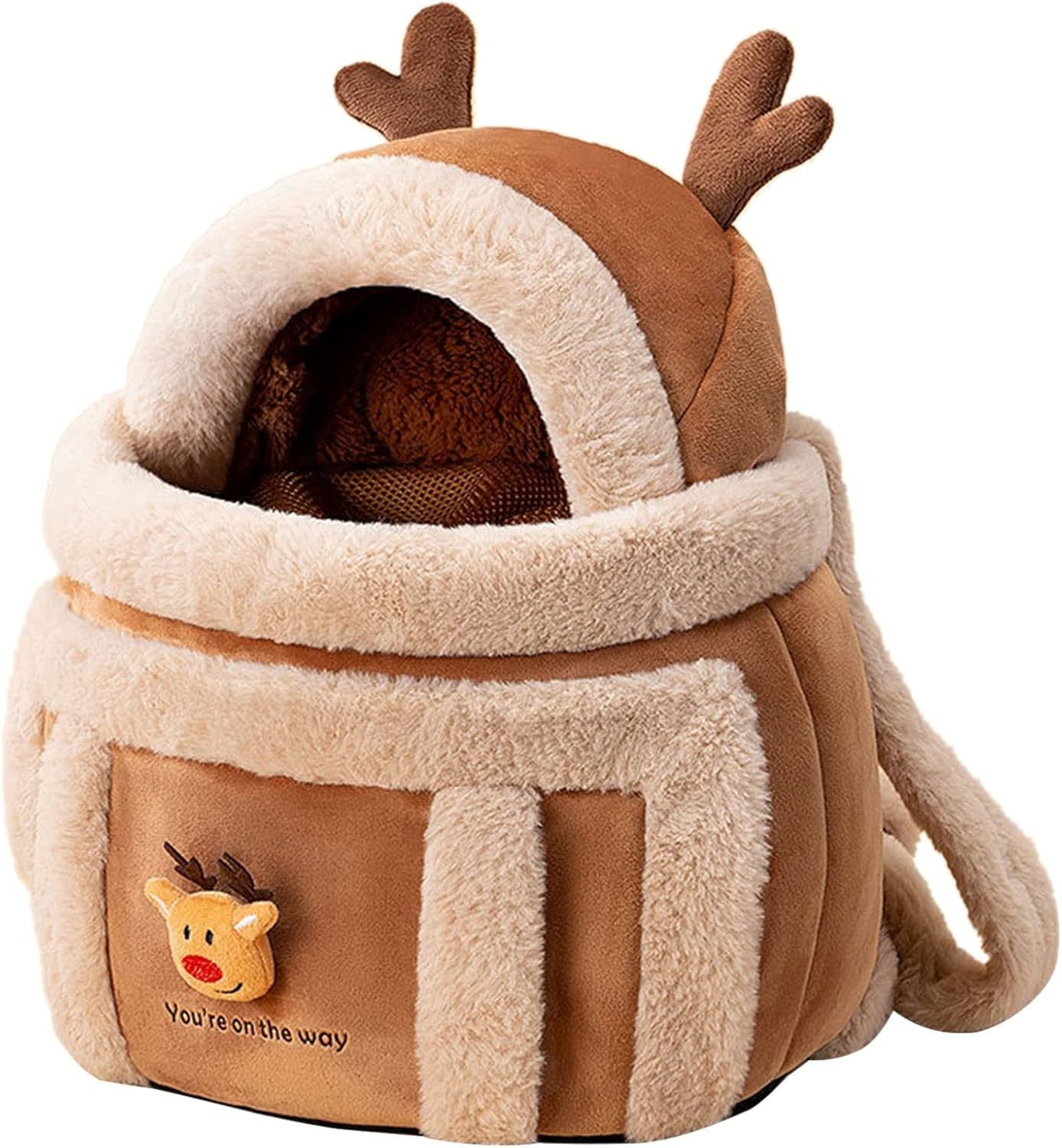 Reindeer Plush Pet Carrier Backpack – Cozy Winter Travel Bag for Small Dogs & Cats