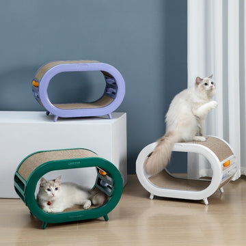 Modern Oval Cat Scratcher Lounge – 3-in-1 Cat Bed, Scratcher & Play Tunnel