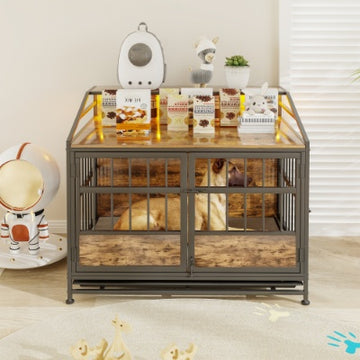 Industrial-Style Dog Crate Furniture – Double Door Indoor Kennel with Rustic Wood Top